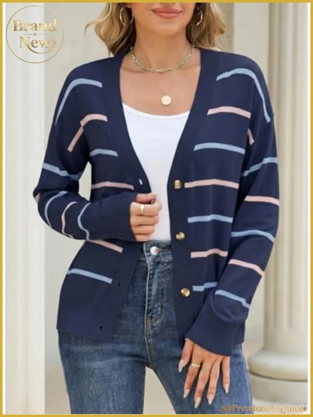 Striped Cropped Cardigan V-Neck Long Sleeve Knit Sweater